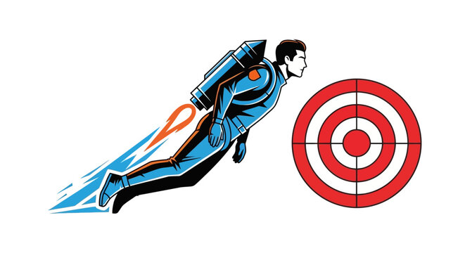 Man flying with jetpack towards target, abstract concept of achieving goals