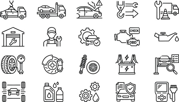 Car service and auto repair icon set with bold black line art vector symbols for vehicle diagnostics garage mechanic and roadside assistance