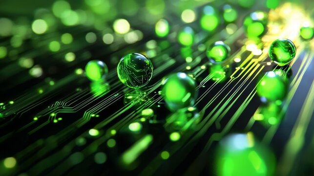 Artistic interpretation of a circuit board with luminous spheres for tech symbolism.