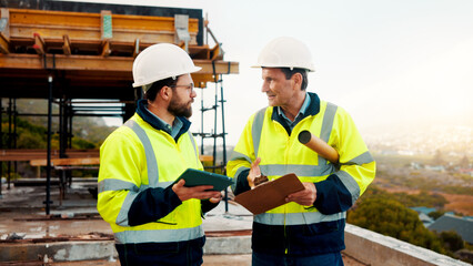 Architect, men and tablet with checklist for construction planning, project timeline and blueprint....