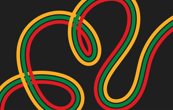 Black History Month banner with abstract squiggle lines in Pan African flag colors. Juneteenth celebration background with dynamic ribbon wave pattern vector