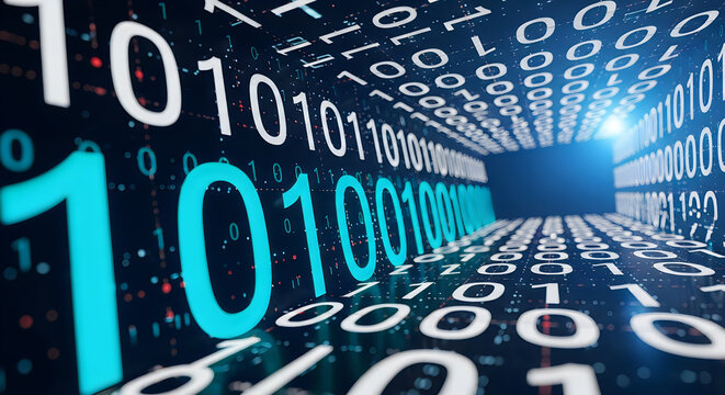 Glowing binary code tunnel featuring bright cyan and white numbers streaming through a dark digital space with deep perspective depth