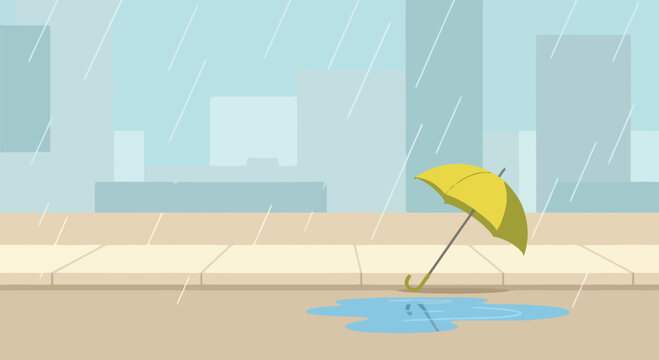 Yellow umbrella left on city street puddle during heavy rain autumn weather background illustration