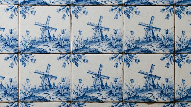 Flat lay of traditional Dutch Delft blue ceramic tiles