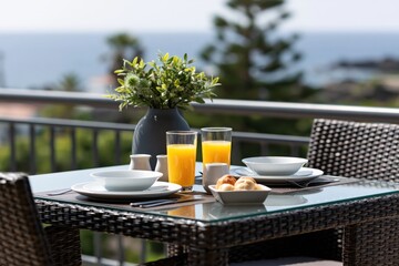 Fototapeta premium Breakfast on balcony with ocean view seaside morning outdoor dining table juice