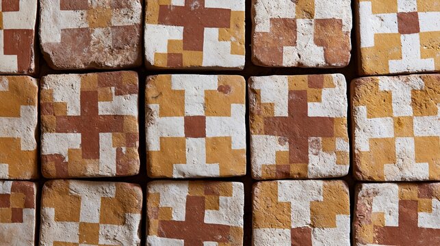 Flat lay of Ethiopian hand-painted terracotta tiles