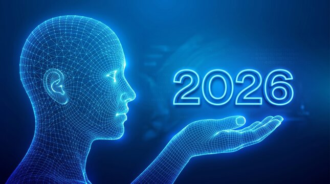 Futuristic human head and hand with glowing blue lines and grid pattern displaying the year 2026 in neon lights against a dark blue background with binary code.
