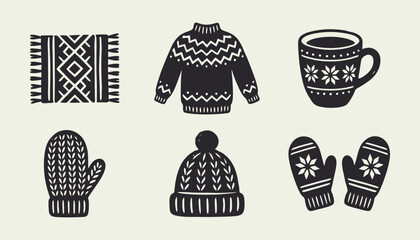 Cozy winter clothing and accessory icons set in hand drawn linocut style black and white © Ghaghah24