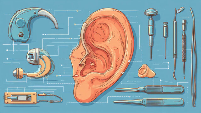 Detailed illustration of human ear with medical instruments and tools for ENT procedures
