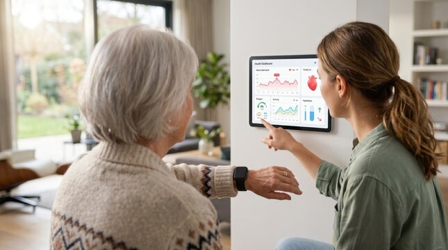Young woman showing health dashboard to elderly woman on wall-mounted tablet, demonstrating remote patient monitoring and telemedicine technology for senior care at home