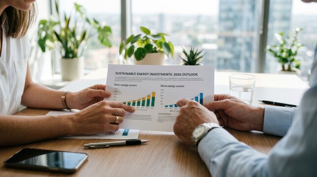 Business professionals analyzing sustainable energy investment charts and 2026 market outlook report in modern office environment with city view background.