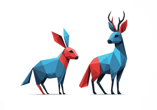 Geometric Deer and Jackrabbit Standing Facing Each Other on White Background