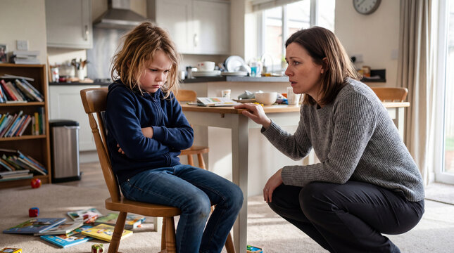 Mother scolding upset child: A mother gently talks to her upset son who is sitting on a chair with his arms crossed and a sad expression on his face.