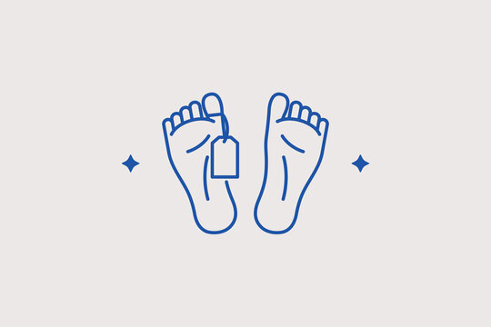 Human feet with toe tag line icon for morgue records for forensic identification services. Professional vector illustration for pathology database systems, autopsy reports, or morgue tracking apps.