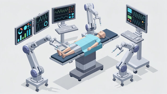Advanced robotic surgical system with multiple monitors and precision instruments in operating room