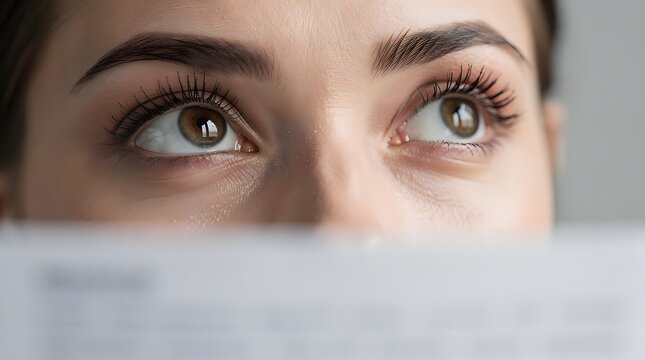 Woman peers over the top of a document with wide, attentive eyes, reflecting a professional state of concentration and the critical analysis required in modern workplace communication.