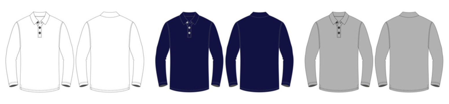 Blank long polo shirt vector template mockup front and back view