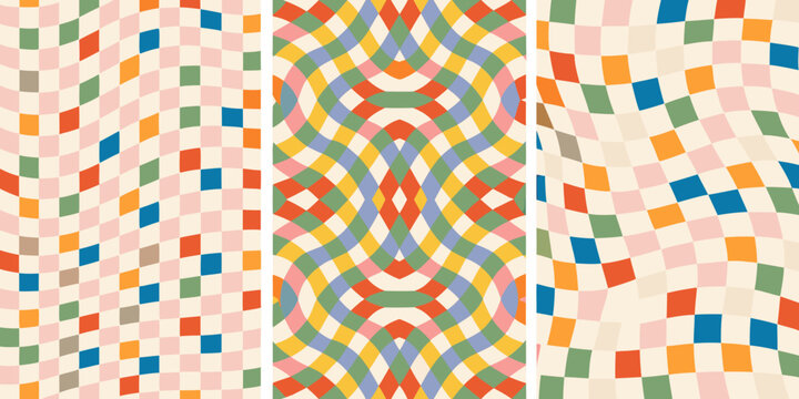 wavy checkerboard pattern triptych geometric abstract symmetry