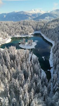 Lake Cauma winter in Switzerland Caumasee snow covered landscape, vertical video reel