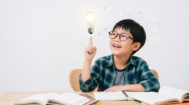 A Bright Idea: A young boy wearing glasses beams with inspiration, pointing upwards towards a glowing lightbulb, symbolizing a moment of genius and learning.