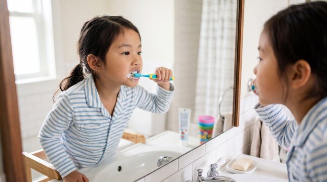 Morning Routine: A young girl in striped pajamas brushes her teeth in front of a bathroom mirror, her reflection showing a focused expression as she maintains good oral hygiene.