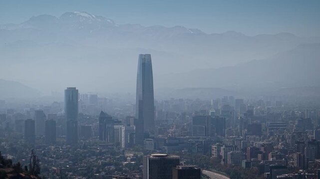 4K aerial drone footage of Santiago de Chile with Costanera and the Andes on the back