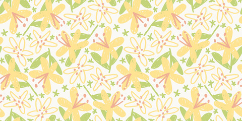 Seamless pattern of yellow hibiscus flowers and leaves on light cream background for textile and wallpaper design vector  © Little Joy Designs