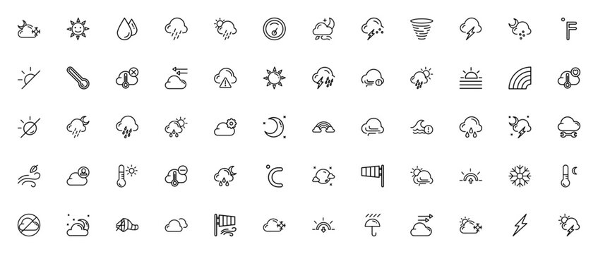 Weather icon set. Weather vector icons pack. Minimal icons pack. Featuring sun, rain, snow, storm, tornado, cloud, wind, rainbow, hail, thermometer and more. Editable vector stroke.