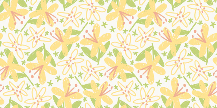 Seamless pattern of yellow hibiscus flowers and leaves on light cream background for textile and wallpaper design vector
