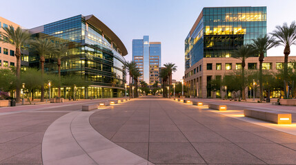 plaza. A vast urban plaza with modern architecture under a twilight sky, symmetrically composed. real-estate listings.