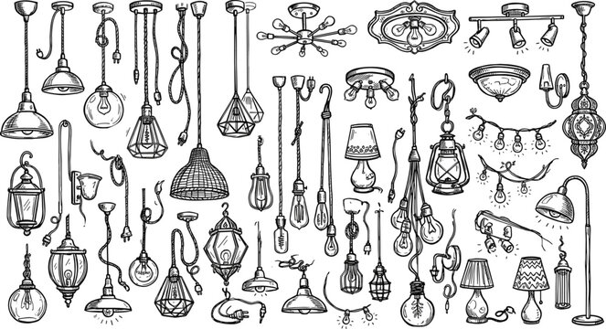 Electronic circuit component symbols and electrical engineering line art icon set with minimalist schematic wiring and power utility vector elements