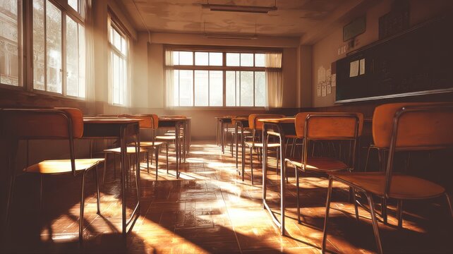 Empty classroom with sunlight streaming through windows in a school on a weekday afternoon