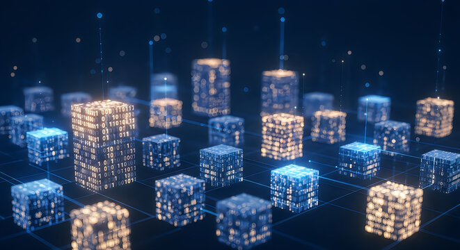 Glowing digital cubes featuring binary code patterns arranged in a structured grid representing advanced data processing and cloud computing networks