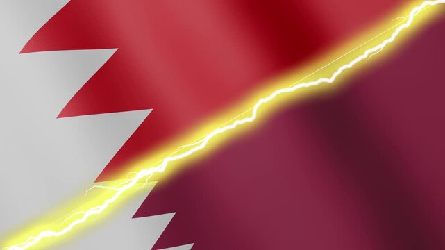 Two waving flags Bahrain and Qatar with diagonal lightning seamless, 4k loop