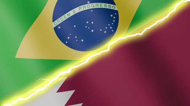 Two waving flags Brazil and Qatar with diagonal lightning seamless, 4k loop