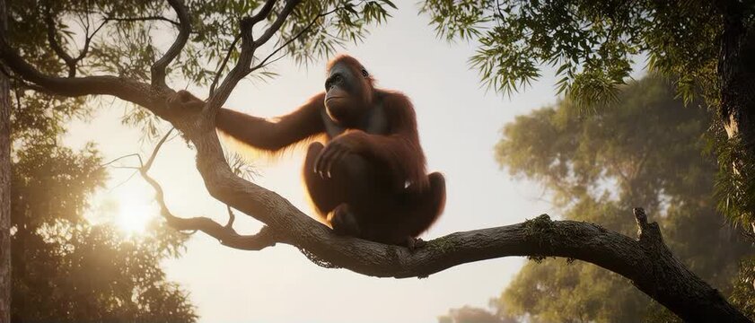 Orangutan sitting peacefully in an ancient rainforest
