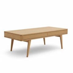 Fototapeta premium Minimalist wooden coffee table with two drawers and tapered legs on white background