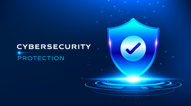 Cybersecurity protection secure shield verification technology concept with glowing digital icon on dark blue futuristic background. Modern security banner vector for data privacy, network defense, 