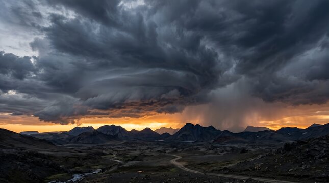 Dramatic storm clouds over mountain landscape at sunset, dark thunderhead with heavy rain falling, moody wilderness scenery with orange horizon