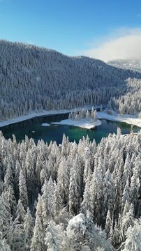 Caumasee Lake Cauma winter scene landscape aerial drone beautiful wonderland, vertical video reel