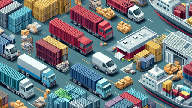 Aerial view of colorful container ports with trucks cargo ships and cranes emphasizing urban infrastructure