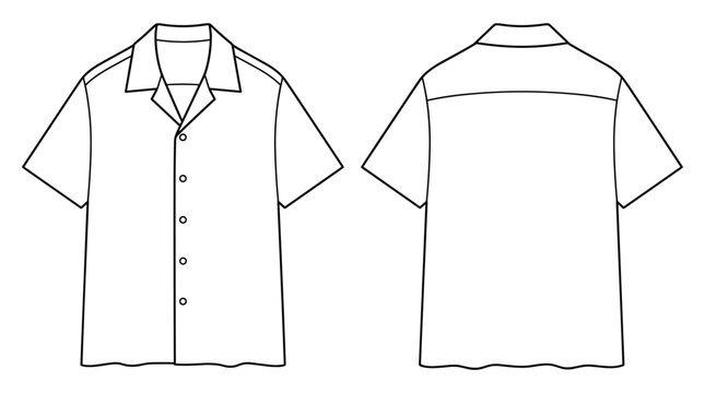 Short sleeve button down shirt vector template front and back views for fashion design and apparel production.