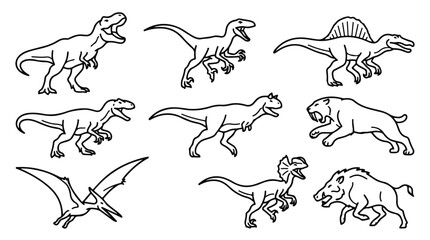 Dinosaur Vector Icons Collection, Prehistoric Animals Line Art Set, Ancient Reptiles and Mammals Graphics, Jurassic Era Creatures Illustrations © Sidra