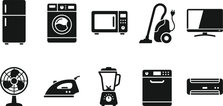 Household appliances and kitchen electronics silhouette icon set black glyph vector symbols for home utilities laundry and cooking devices