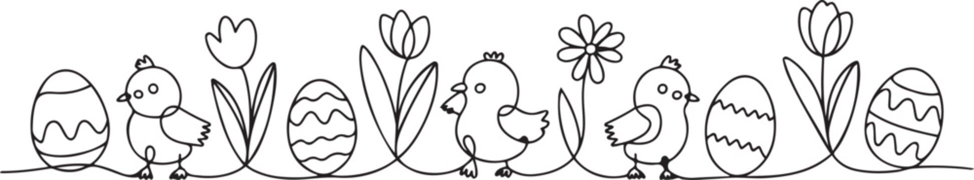Happy Easter spring decoration. Easter eggs, chicks and flowers. One line icon vector illustration