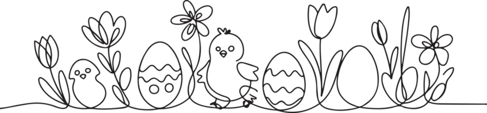 Happy Easter spring decoration. Easter eggs, chicks and flowers. One line icon vector illustration