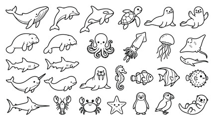 Charming Hand-Drawn Ocean Sea Creatures Vector Collection, Whimsical Marine Life Illustrations, Cute Aquatic Animals for Kids and Education © Sidra