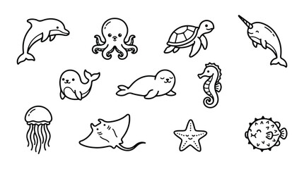 Cute Kawaii Ocean Animals Vector Set, Adorable Marine Life Illustrations, Whimsical Sea Creatures Collection, Simple Line Art Icons for Kids © Sidra