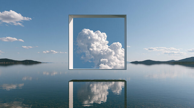 Minimal Lake Landscape with Floating Window Frame and Reflected Cloud