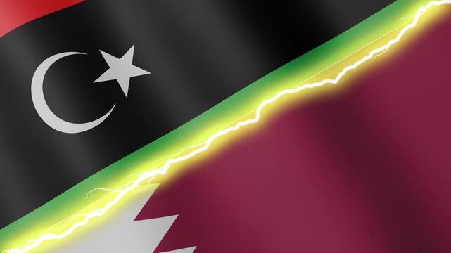 Two waving flags Libya and Qatar with diagonal lightning seamless, 4k loop